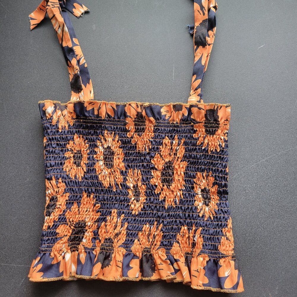 Women's Small Shirt Blue W/ Sunflowers Tie Straps Stretch Shein Cropped Top